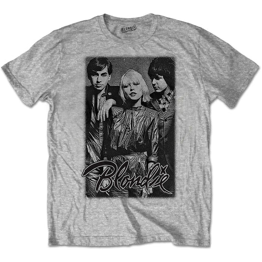 A Grey Blondie Unisex Tee featuring the 'Band Promo' design motif. The print on the shirt is Black.