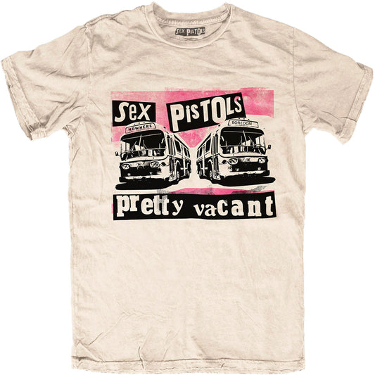 Sex Pistols Pretty Vacant T Shirt with title text and with coaches print