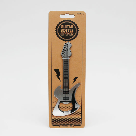 Steel bottle opener in the shape of an electric guitar on card backing