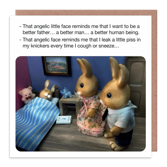 Two cartoon bunnies in a room with text about wanting to be a better father.