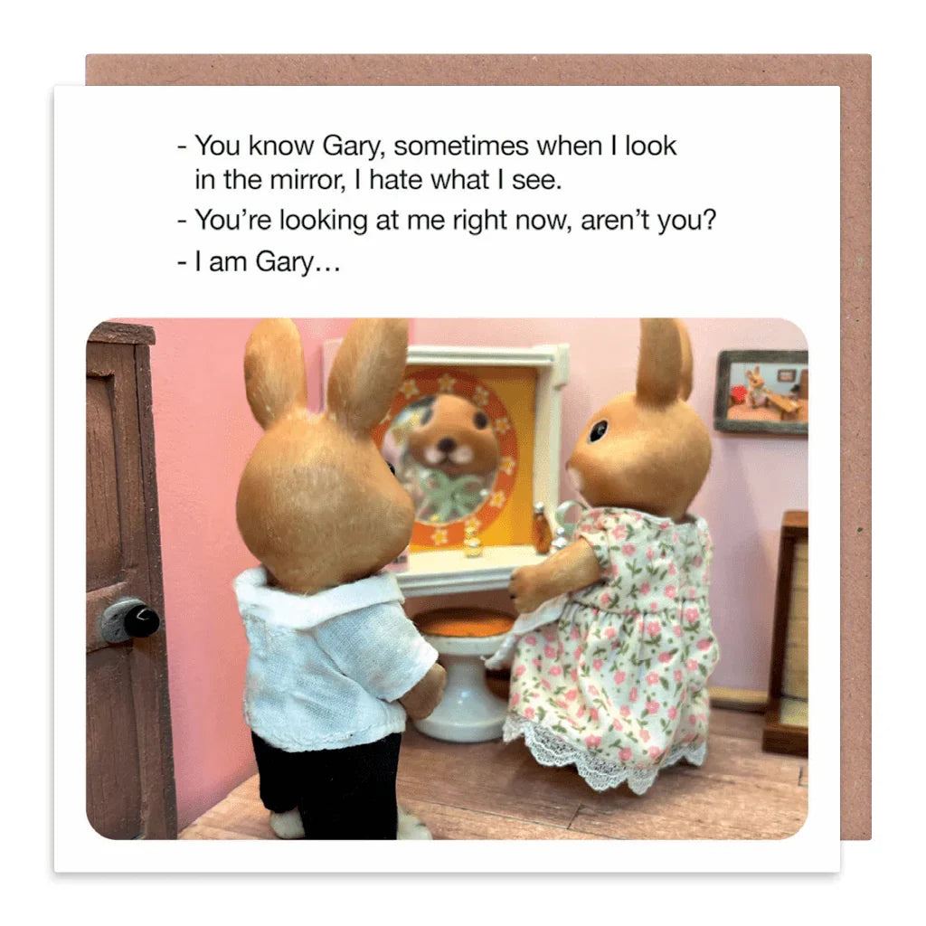 Two toy rabbits looking at themselves in a mirror with humorous text.
