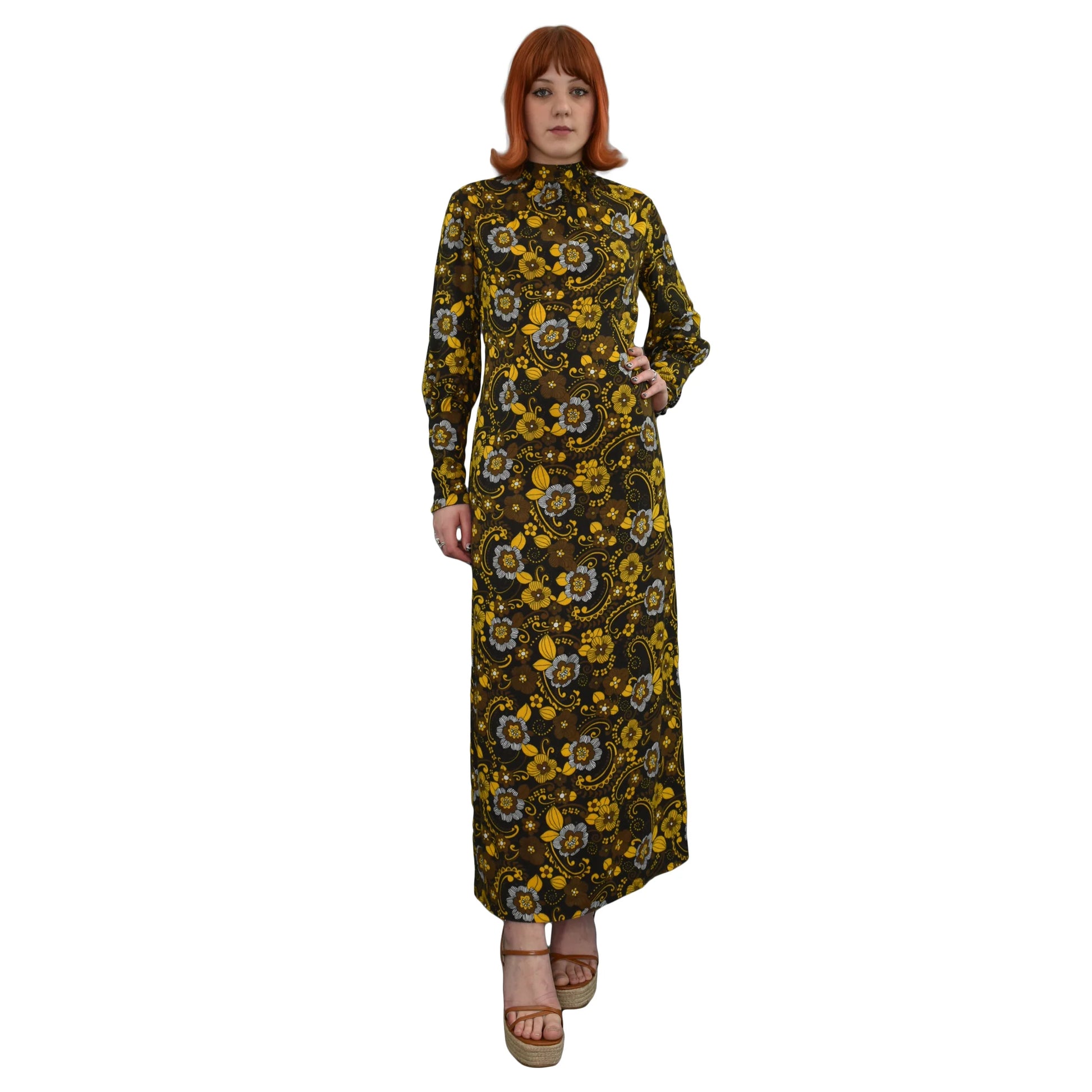 Vintage 70s flower power maxi dress brown yellow 