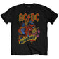 A Black AC/DC Unisex Tee featuring the 'Are You Ready?' design motif. The print on the shirt is Red, Yellow, Blue and Pink.