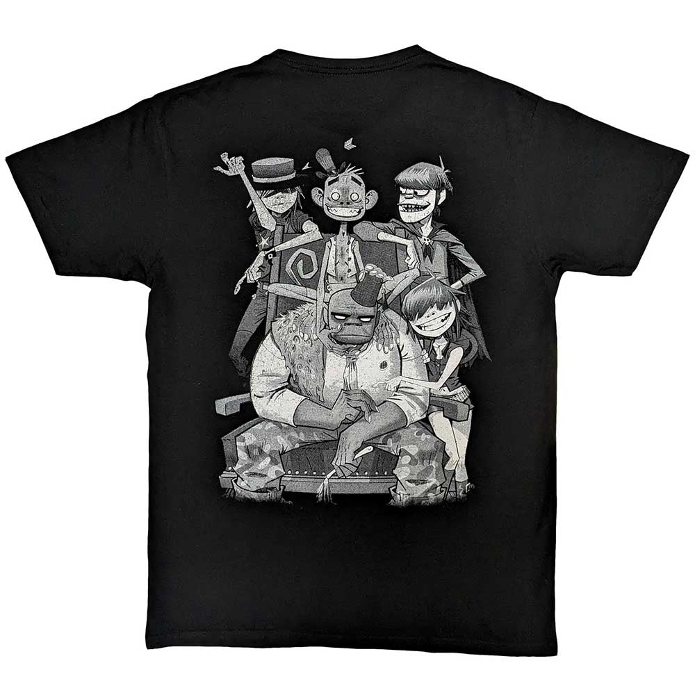 A Black T-shirt featuring the Gorillaz 'George Spray' design motif. The print on the t-shirt is White and Grey.