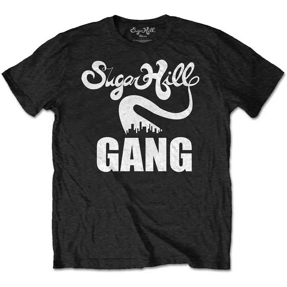 A Black T-shirt featuring the Sugar hill gang 'Rappers Delight Tour' design motif. The print on the t-shirt is White.