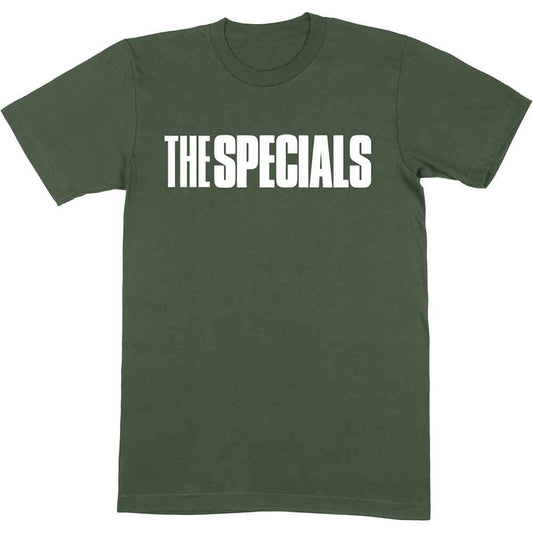 A Green t-shirt with 'The Specials' written on the front in a white text