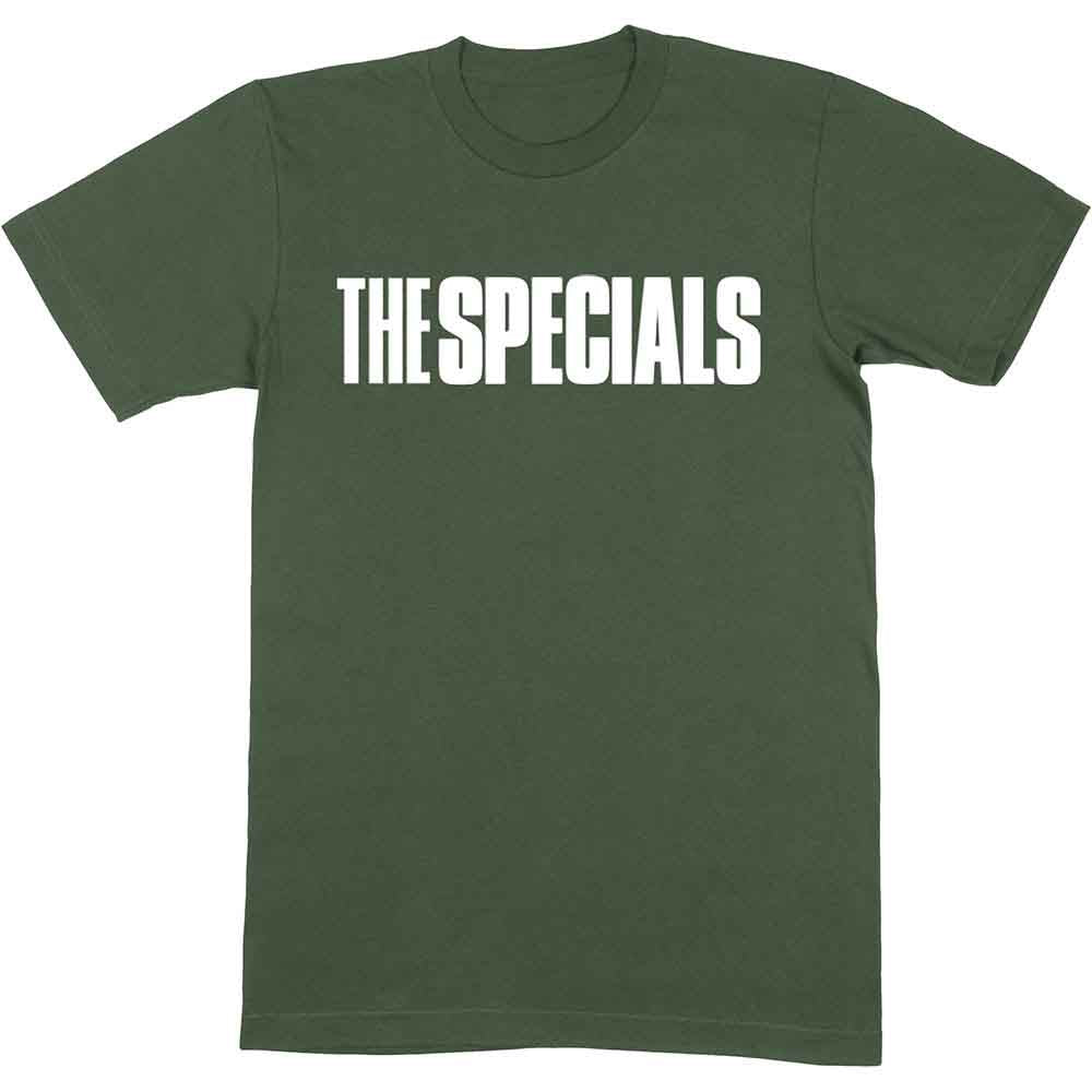 A Green t-shirt with 'The Specials' written on the front in a white text 