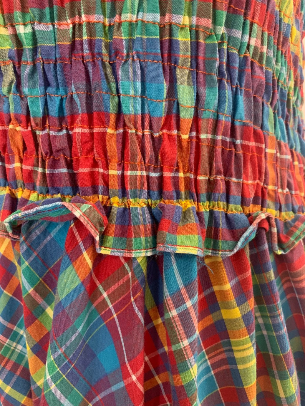 1970’s Multicolour Picnic Plaid Print Shirred Bodice Sun Dress | Vintage