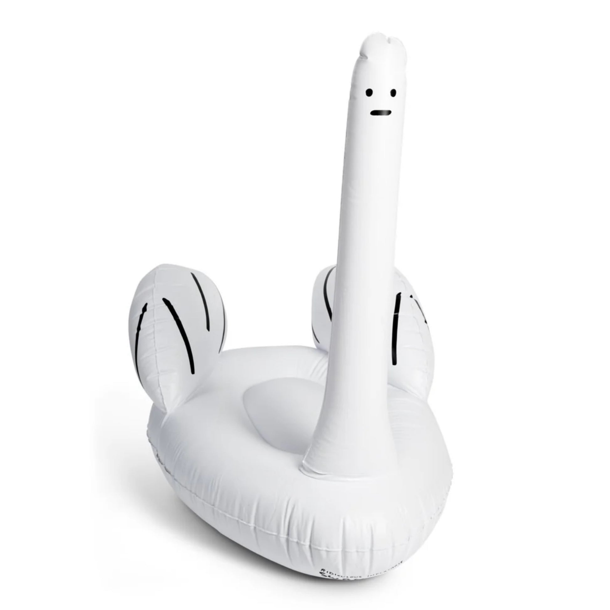 A swan-shaped inflatable float that has a long neck with a cartoon-like face with two dots for eyes and a line for the mouth