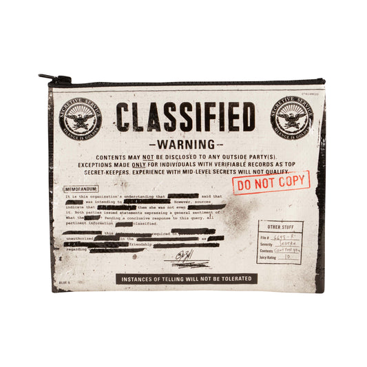 A white and black pouch with text on that reads: Classified warning do not copy written on the front