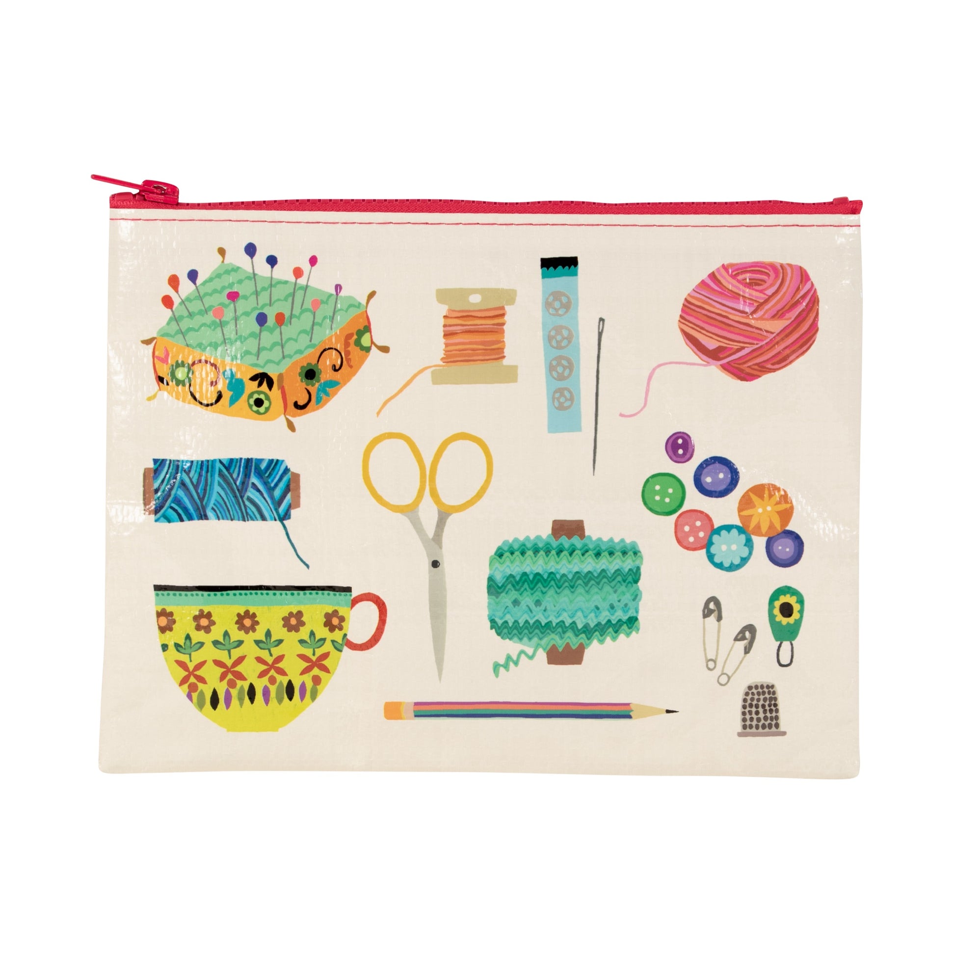 A cream pouch with drawings of sewing equipment on the front. The pictures are green, yellow, pink, blue, Purple and orange.