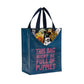 A blue bag with a picture of puppies on the front. The text on the bag reads : This bag might be full of puppies. 