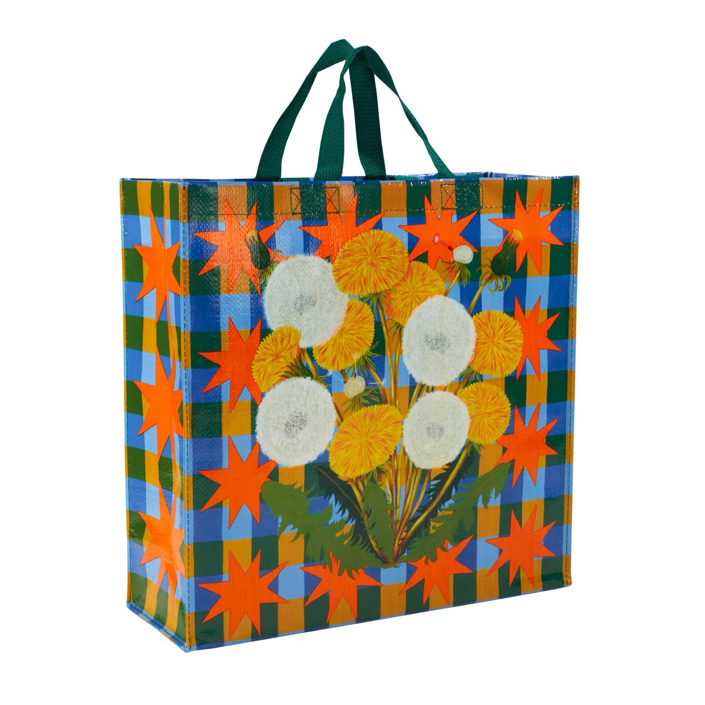 A green, blue and orange checked tote bag with green handles. On the bag is an image of some yellow, white and green dandelions.