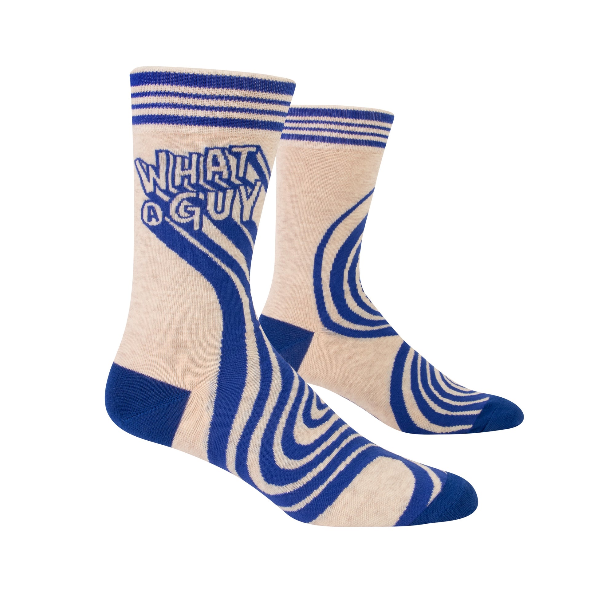 A pair of white socks with blue swirls all over them. The text on the side of the socks reads: What a guy.