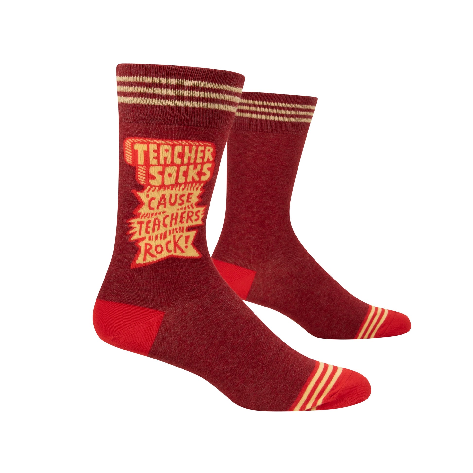 A pair of red socks with yellow accents on the toes and heels. The text reads “TEACHER SOCKS,” “CAUSE TEACHERS ROCK!”