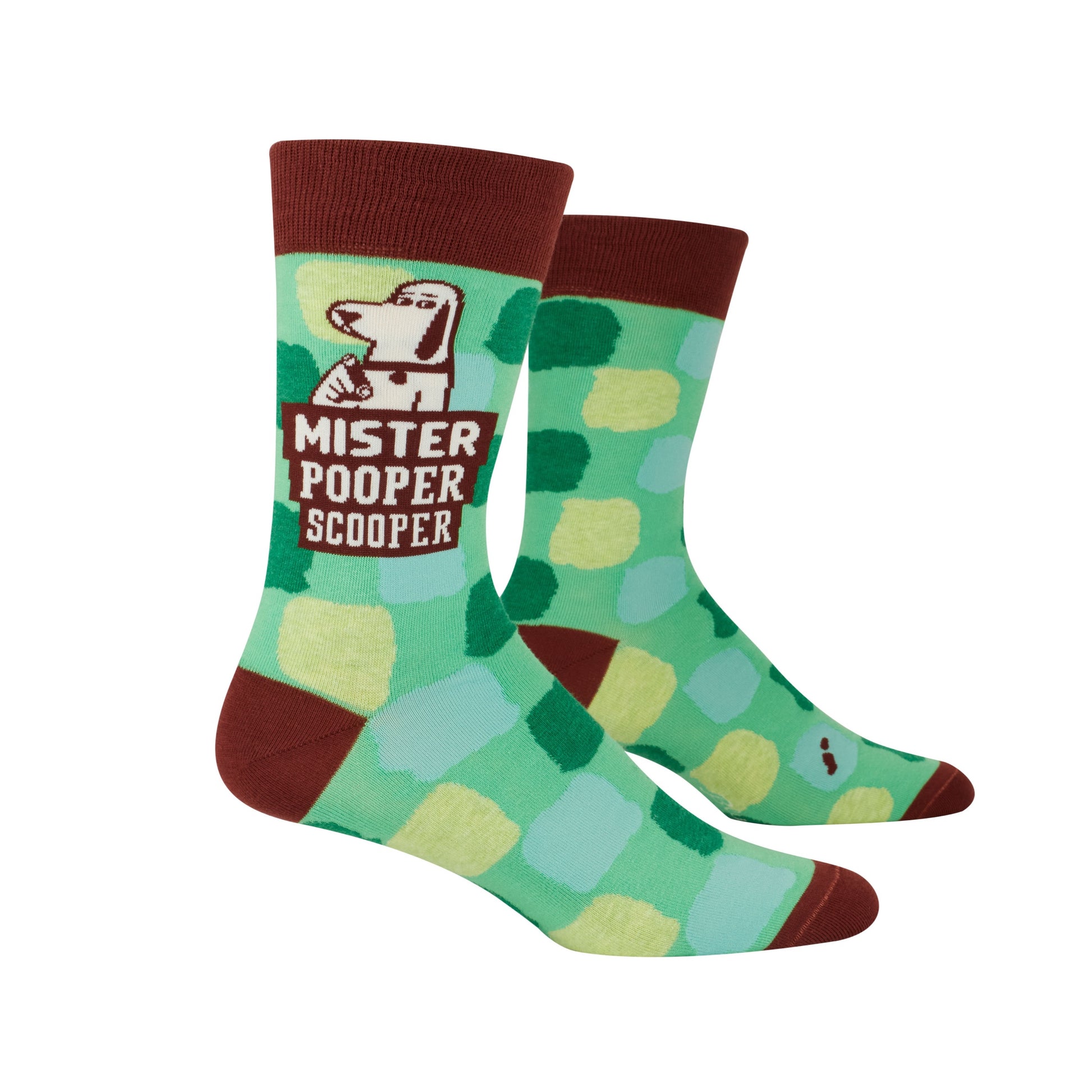 A pair of green and brown socks with the image of a dog on the side. The text reads: Mr pooper scooper. 