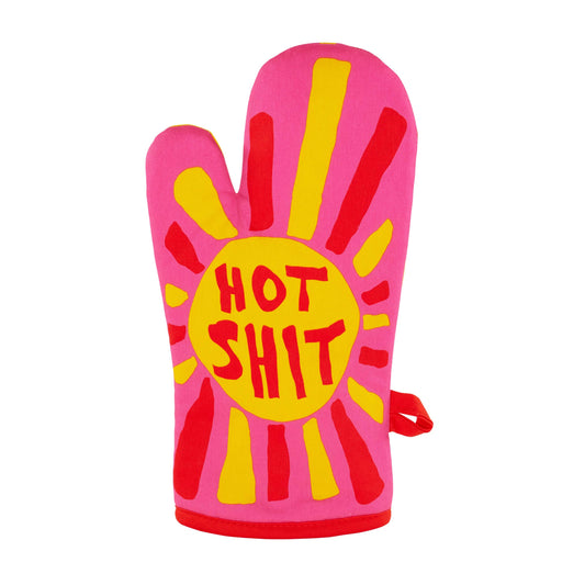 A pink oven mitt featuring a yellow and red sun in the centre, with the text: "Hot Stuff."