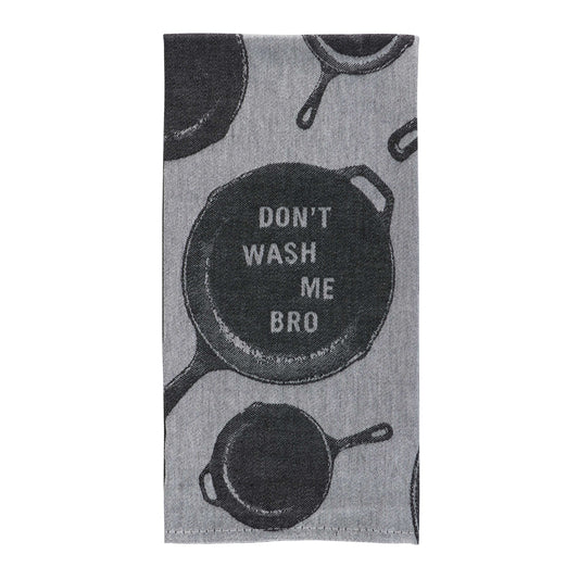 A Black and grey tea towel with images of pans on. The text reads: Don't wash me bro. 