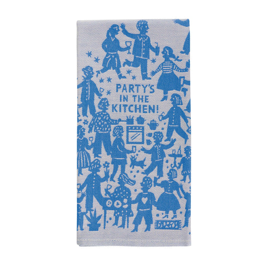 A blue and grey tea towel with drawings of people having a party on the front. The text reads: Party's in the kitchen. 