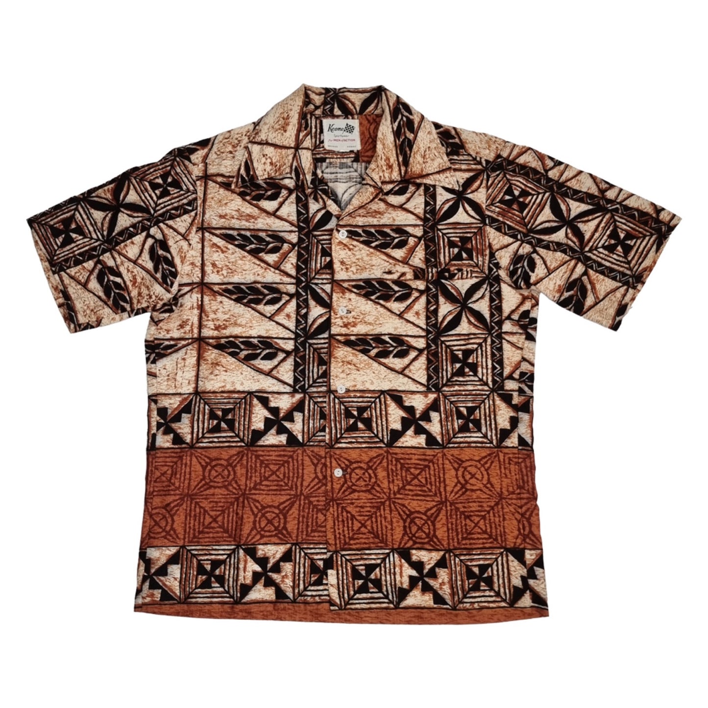 1960’s Keone Barkcloth Brown Tiki Hawaiian Shirt | Vintage