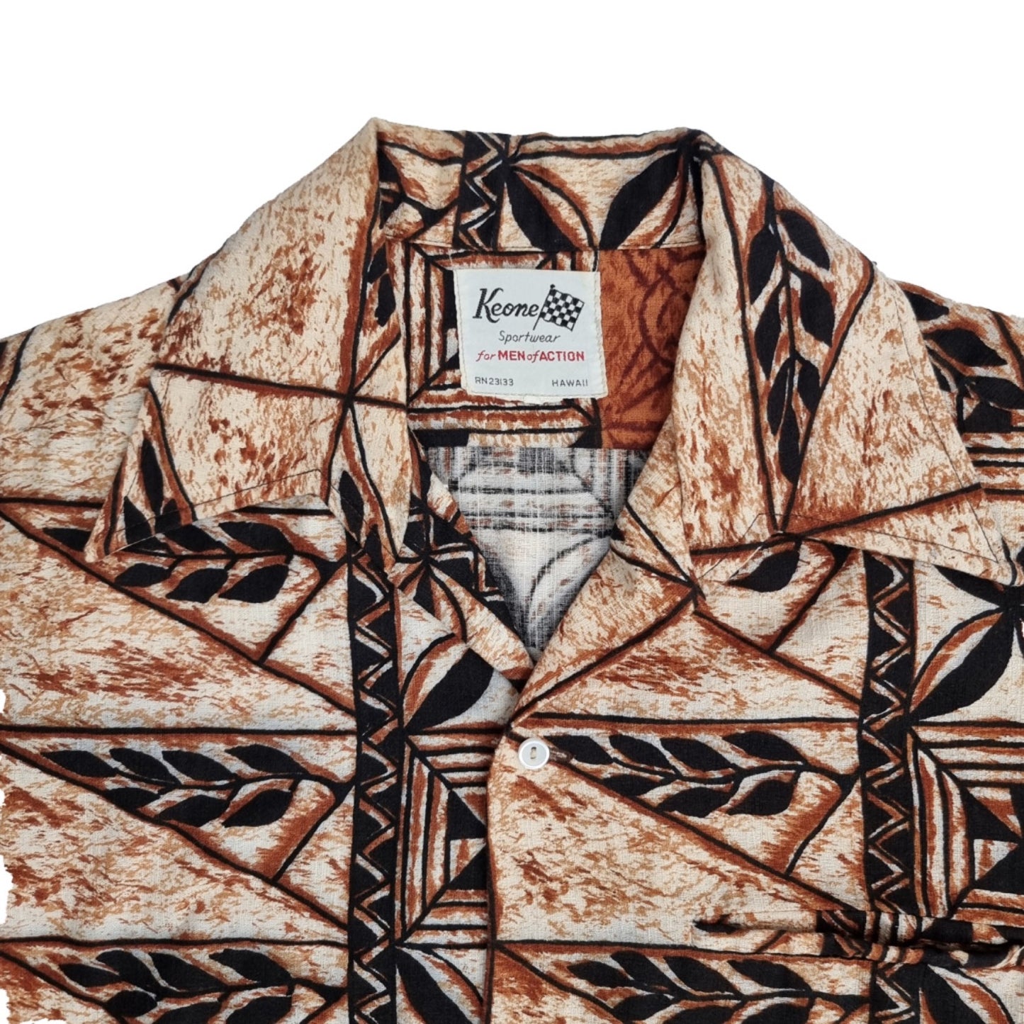 1960’s Keone Barkcloth Brown Tiki Hawaiian Shirt | Vintage