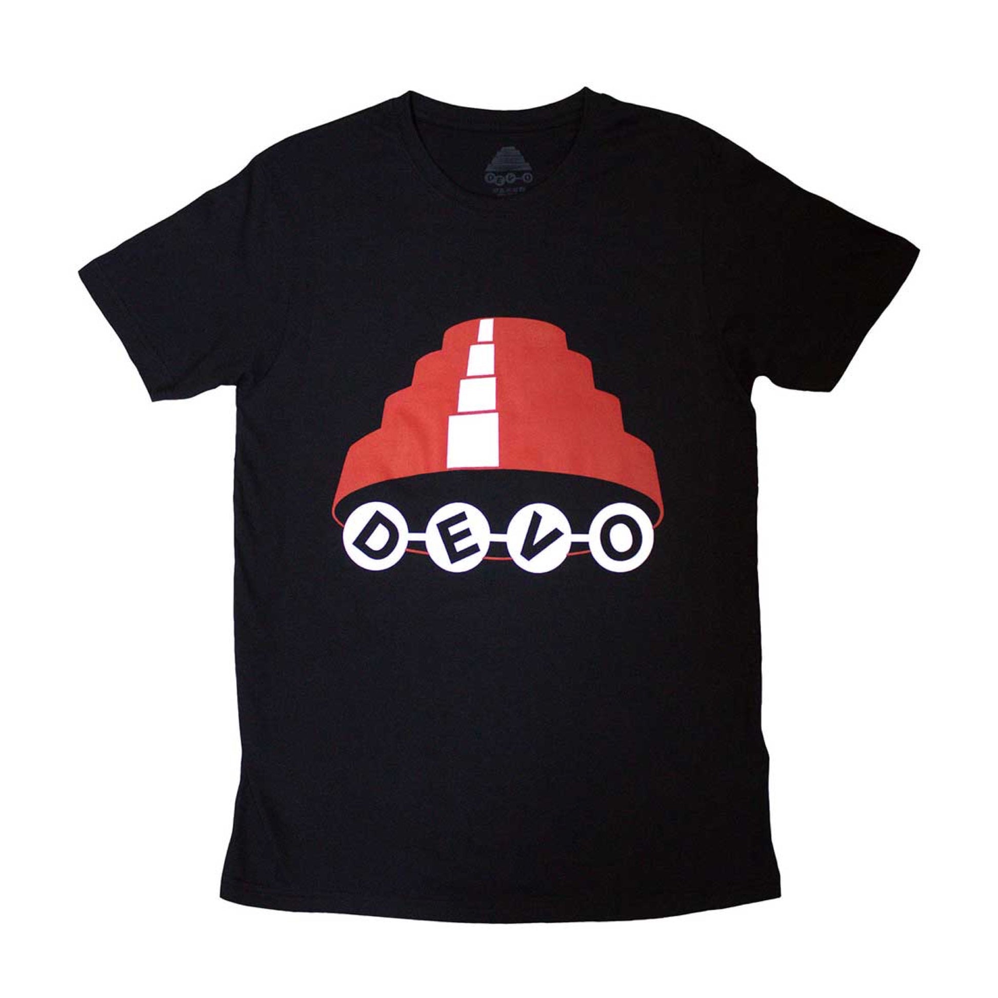 A Black Devo Unisex T-Shirt featuring the 'Dome' design motif. The print on the shirt is White and red.