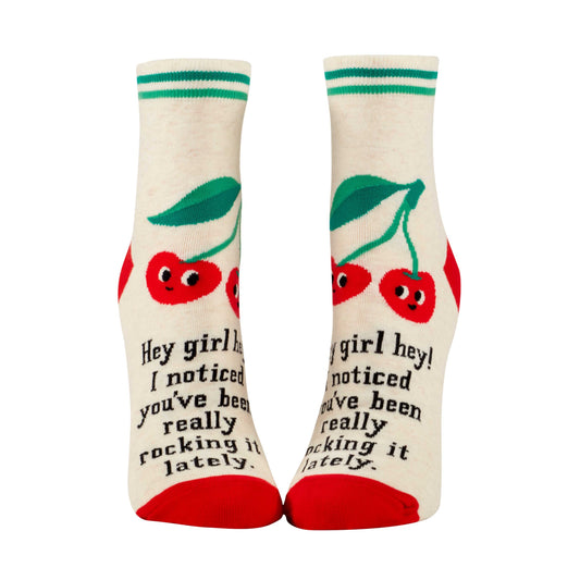 white and red women's crew socks with text on that reads: Hey girl, i noticed you've been really rocking it lately
