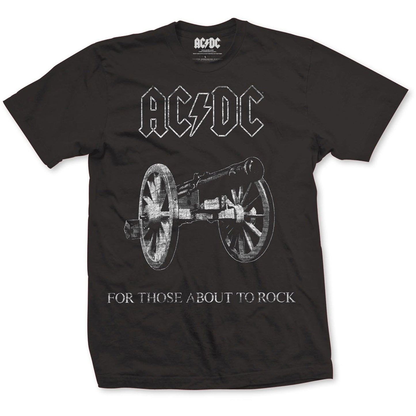 A Black AC/DC unisex t-shirt featuring the 'About to Rock' design motif.  The print on the shirt is White.