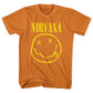 A Orange Nirvana Unisex T-Shirt featuring the 'Black Happy Face' design motif. The print on the shirt is yellow.