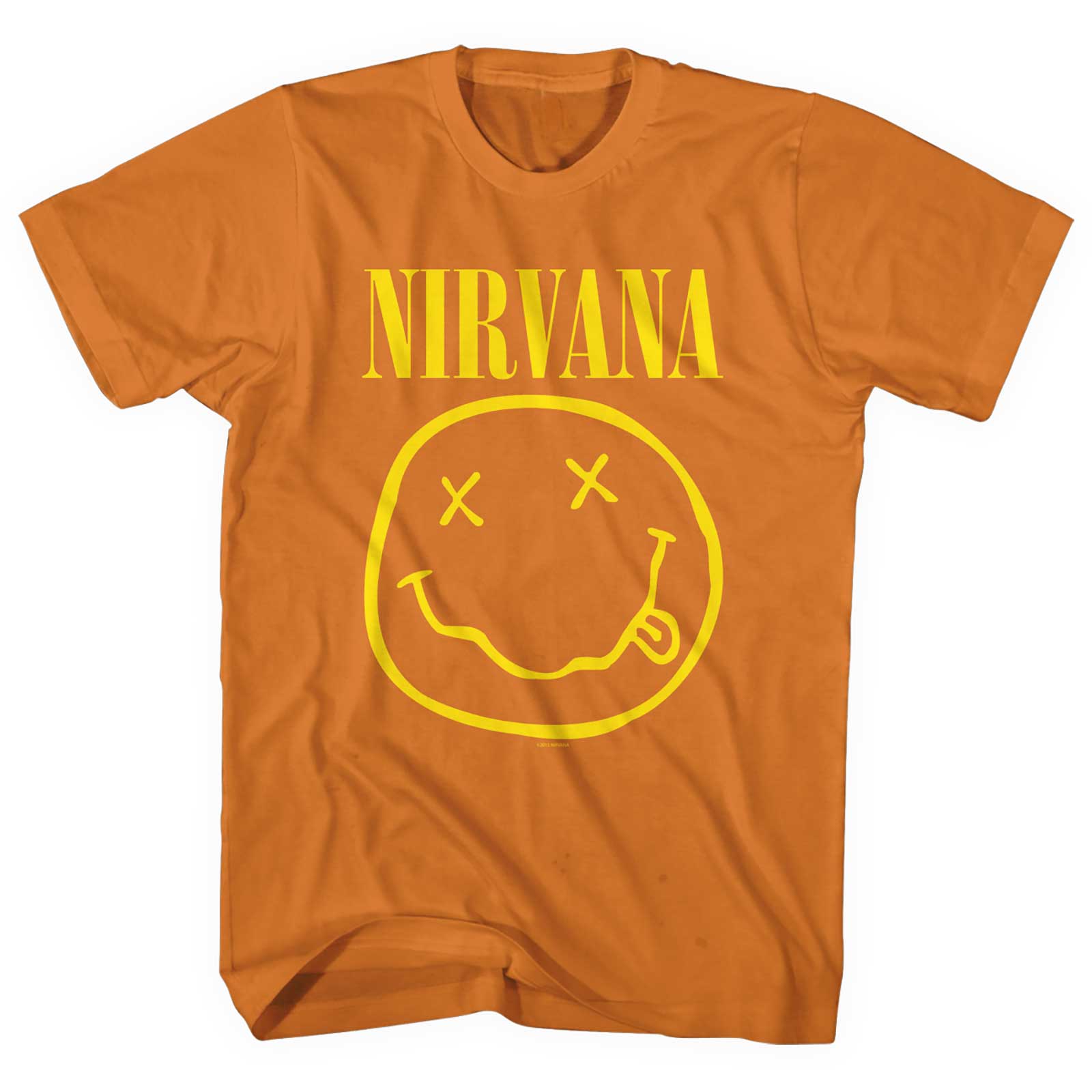 A Orange Nirvana Unisex T-Shirt featuring the 'Black Happy Face' design motif. The print on the shirt is yellow.