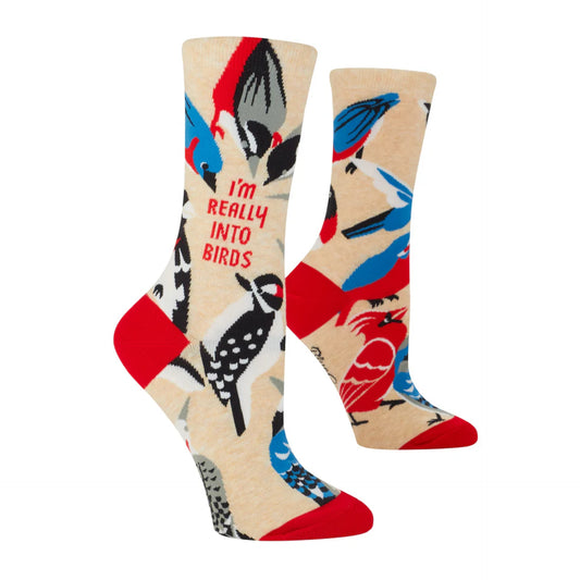 A pair of Blue Q crew socks with a pattern of various birds and the text 'I'M REALLY INTO BIRDS' displayed on a beige background.