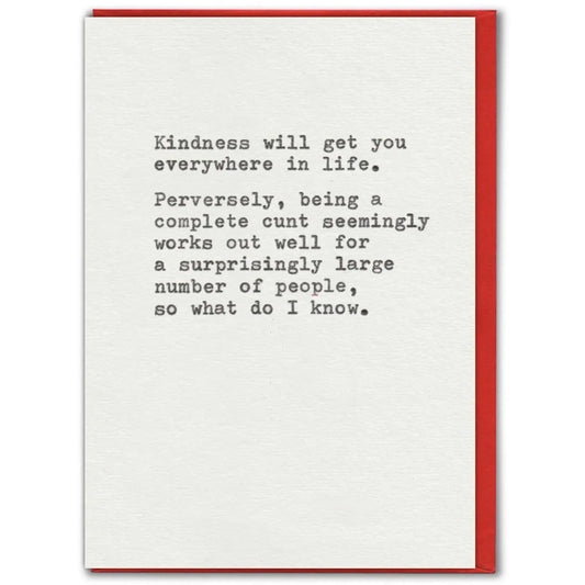 Card with humorous text on a white background with a red envolope