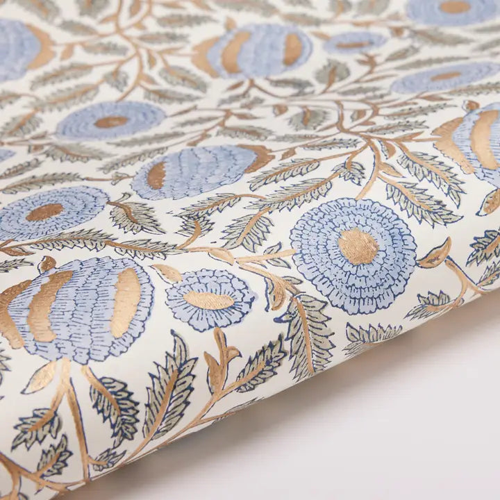 Marigold Glitz Bluestone | Paper Mirchi Block Printed Wrapping Paper