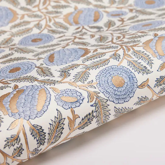 Marigold Glitz Bluestone | Paper Mirchi Block Printed Wrapping Paper