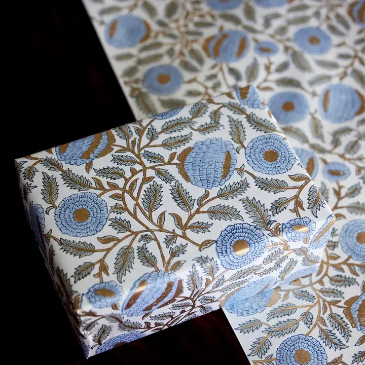 Marigold Glitz Bluestone | Paper Mirchi Block Printed Wrapping Paper