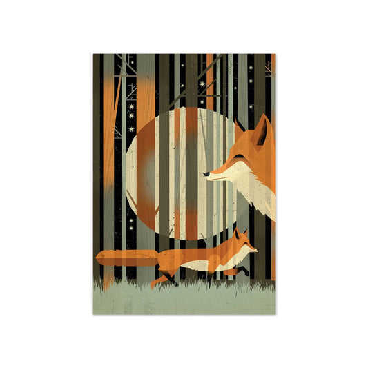 Illustration of a fox in a forest with vertical striped pattern