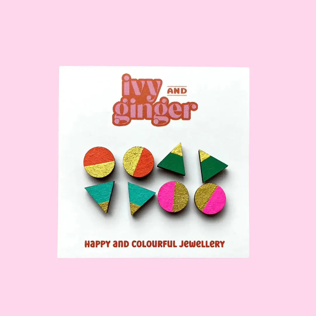 Colourful wooden stud earrings with gold accents displayed on a white backing card.