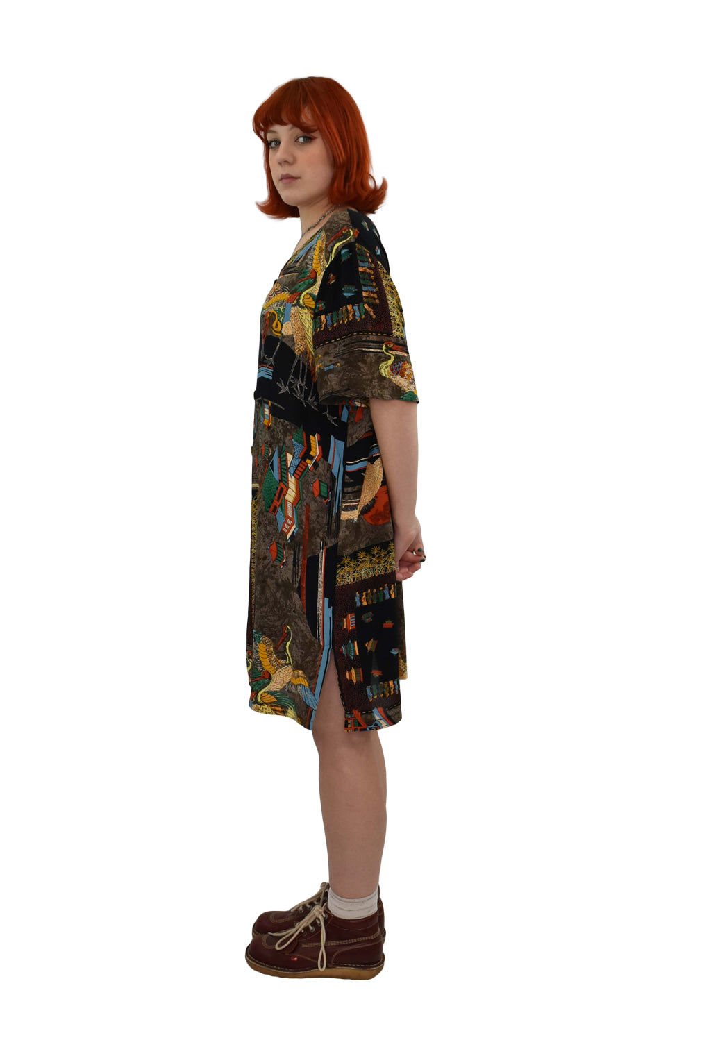 1990’s Oriental Motif Print Loose Shirt Dress | Preloved