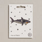 Shark iron on patch on a card with star patterns, brand 'Petra Boase' visible