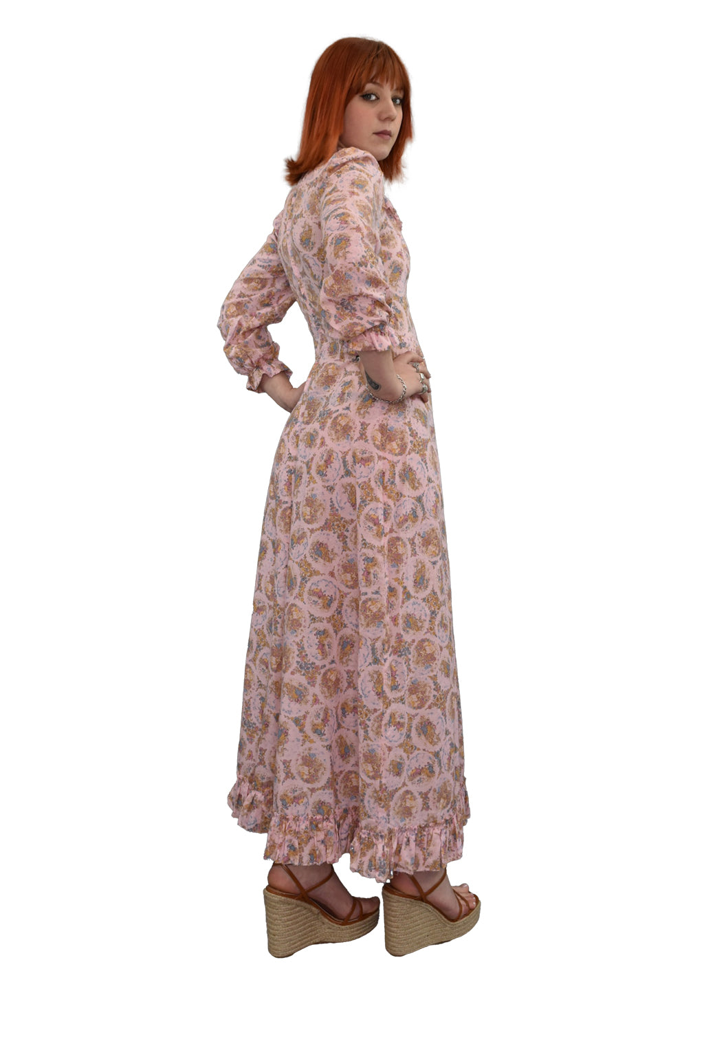 1970's Pink Toile Print Prairie Maxi Dress | Vintage