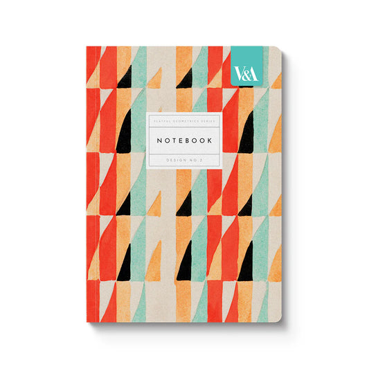 Notebook with geometric pattern and visible brand logo on a white background