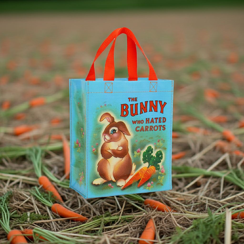 Gift bag with 'The Bunny Who Hated Carrots' design on a background of carrots and grass.