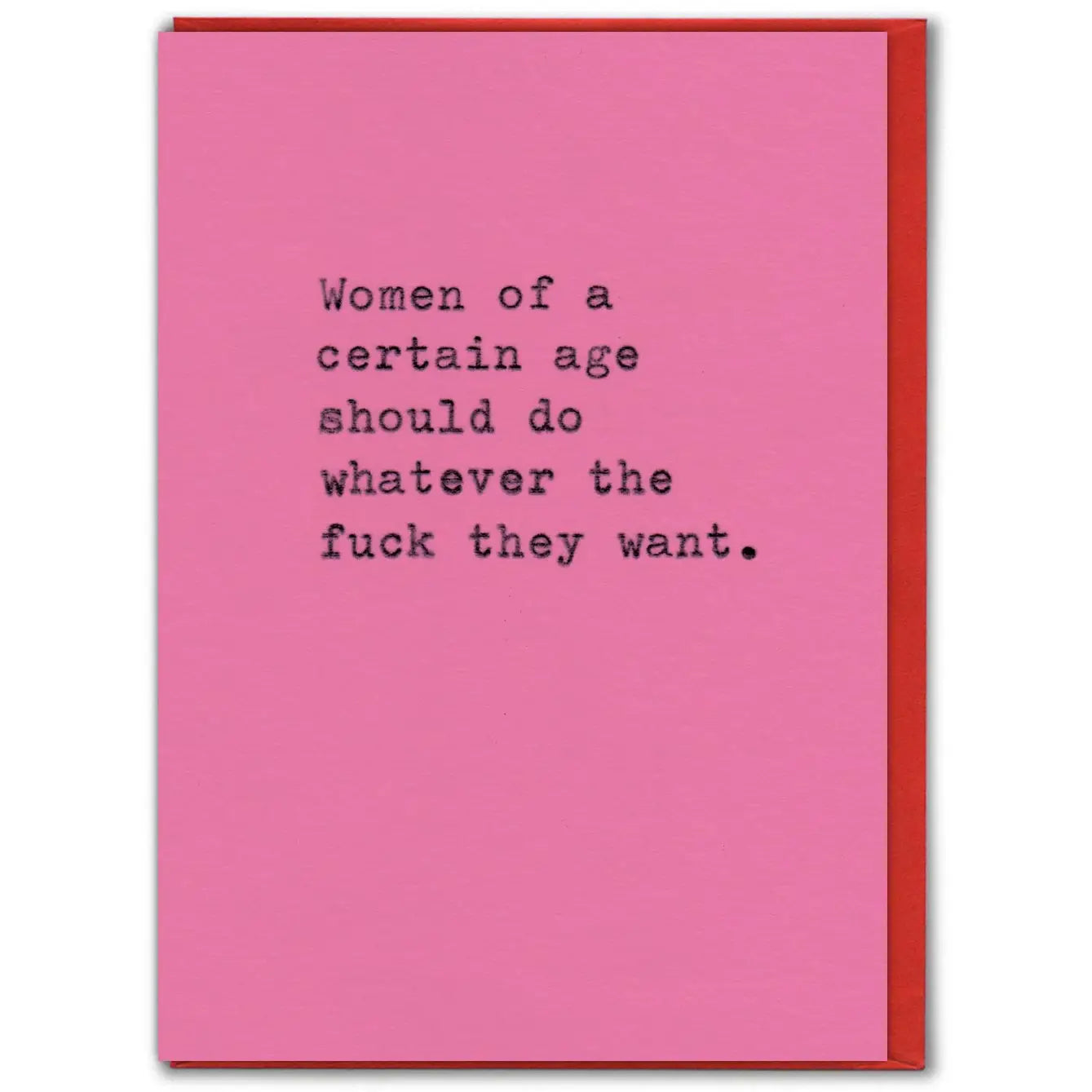 Pink card with black text on a white background. 