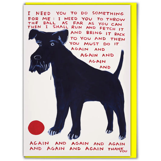 Card with a black dog illustration and red text on a white background