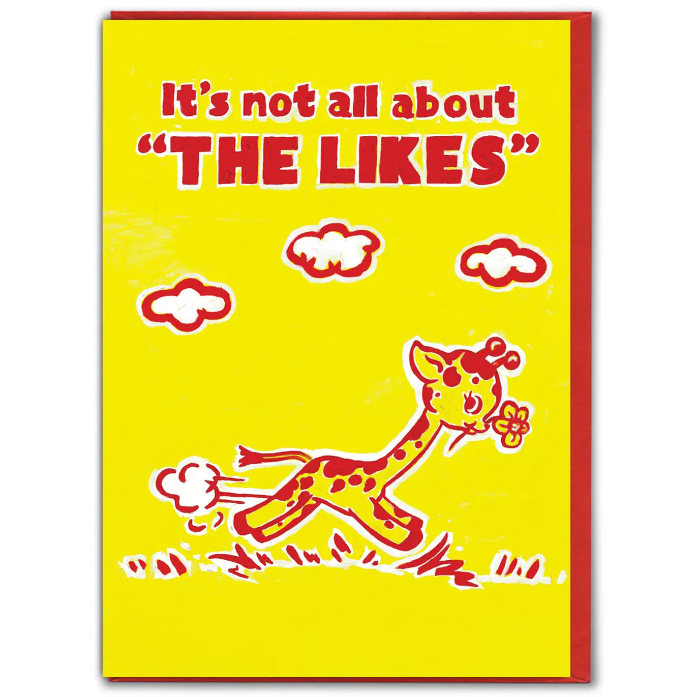 Card with a giraffe illustration and text on a yellow background that reads 'It's not all about "THE LIKES"'