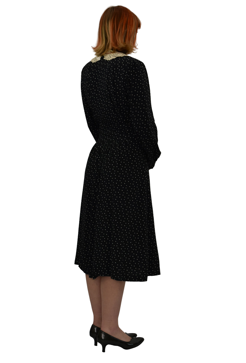 1980’s Does 1940’s Jacquard Black Dress With Lace Collars | Vintage