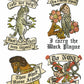 Collection of medieval-themed temporary tattoos with humorous sayings.