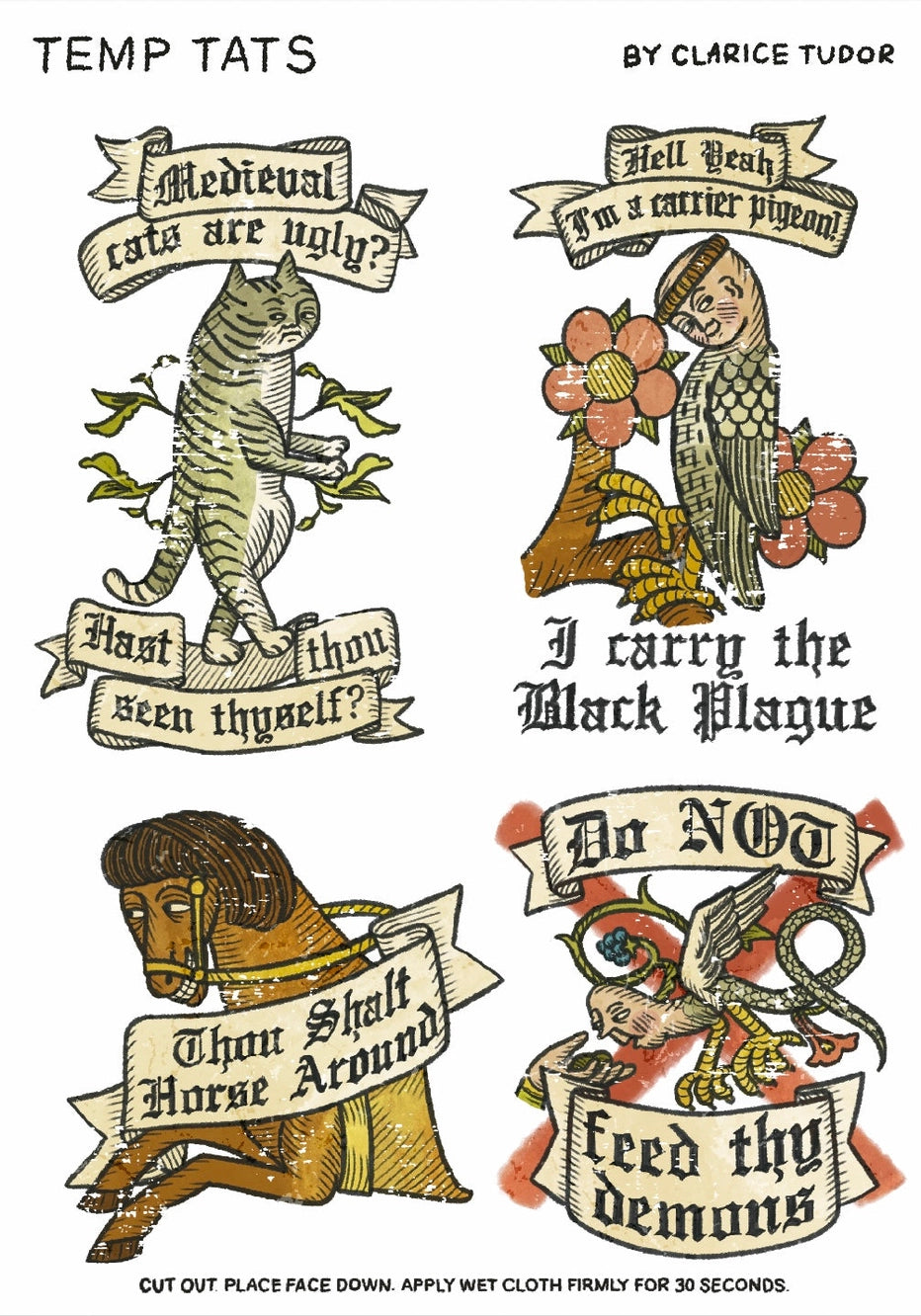 Collection of medieval-themed temporary tattoos with humorous sayings.