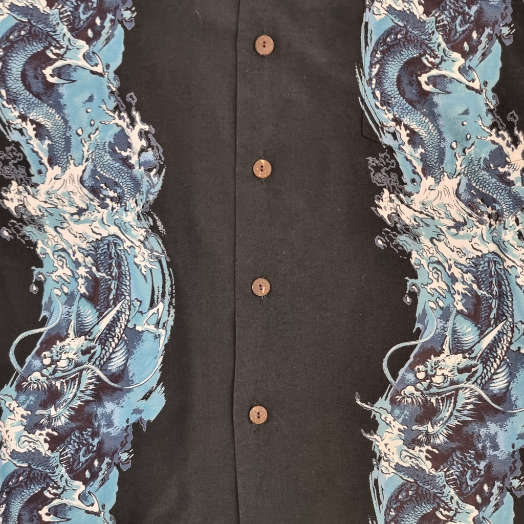 Kearney House Black & Blue Dragon Wave Aloha Viscose Shirt | Vintage