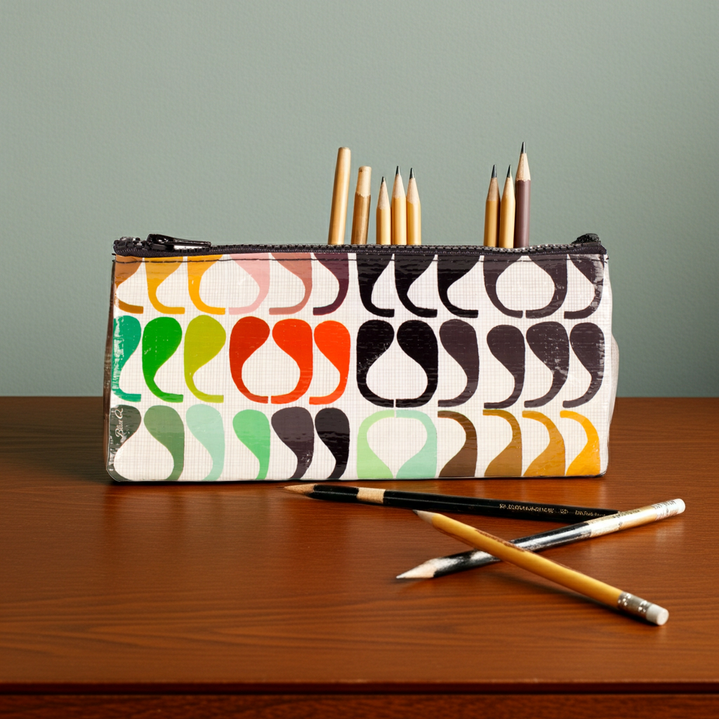 Pencil case with colorful pattern on a wooden surface with pencils around